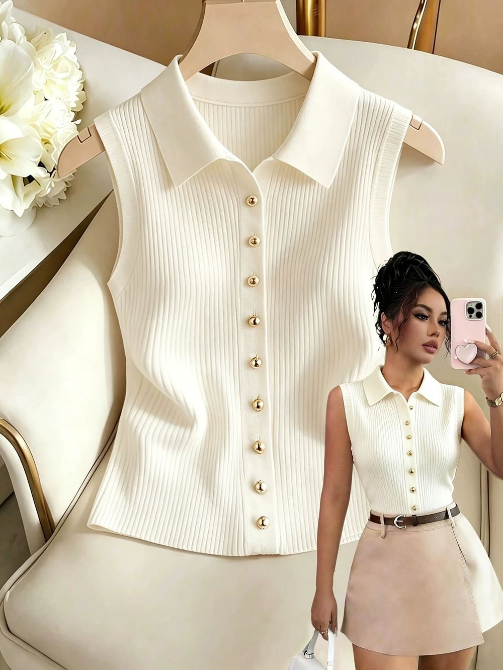ZARA Summer Sleeveless Ribbed Knit Collar Top for Women